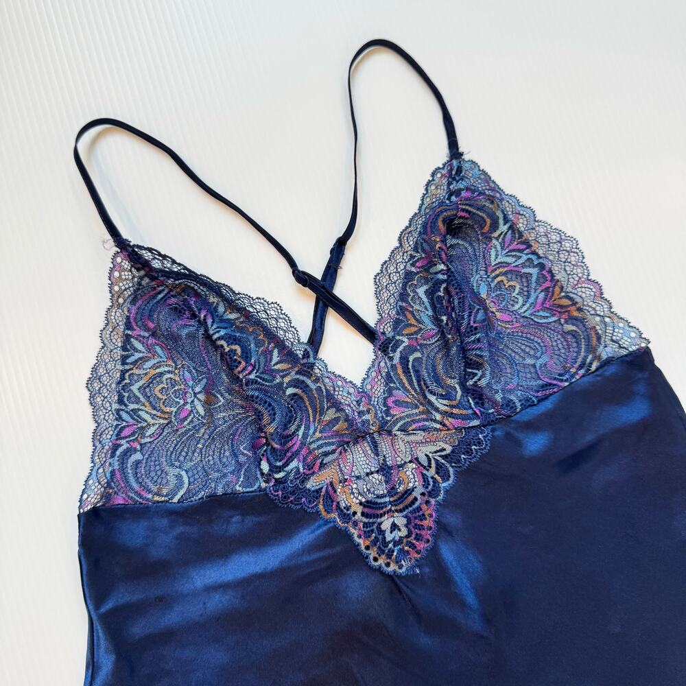 Y2K Satin Lace Babydoll Camisole Navy Lingerie Style Coquette Going Out Top Vtg - Picture 11 of 16